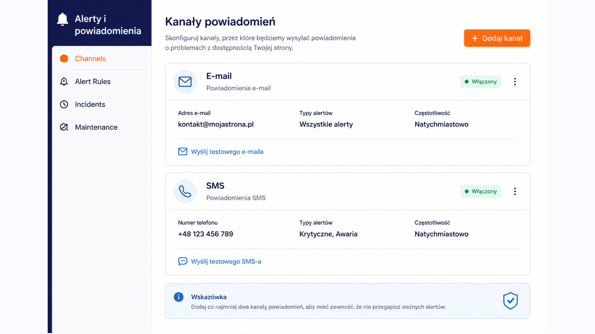 Kanały powiadomień monitoringu WordPress