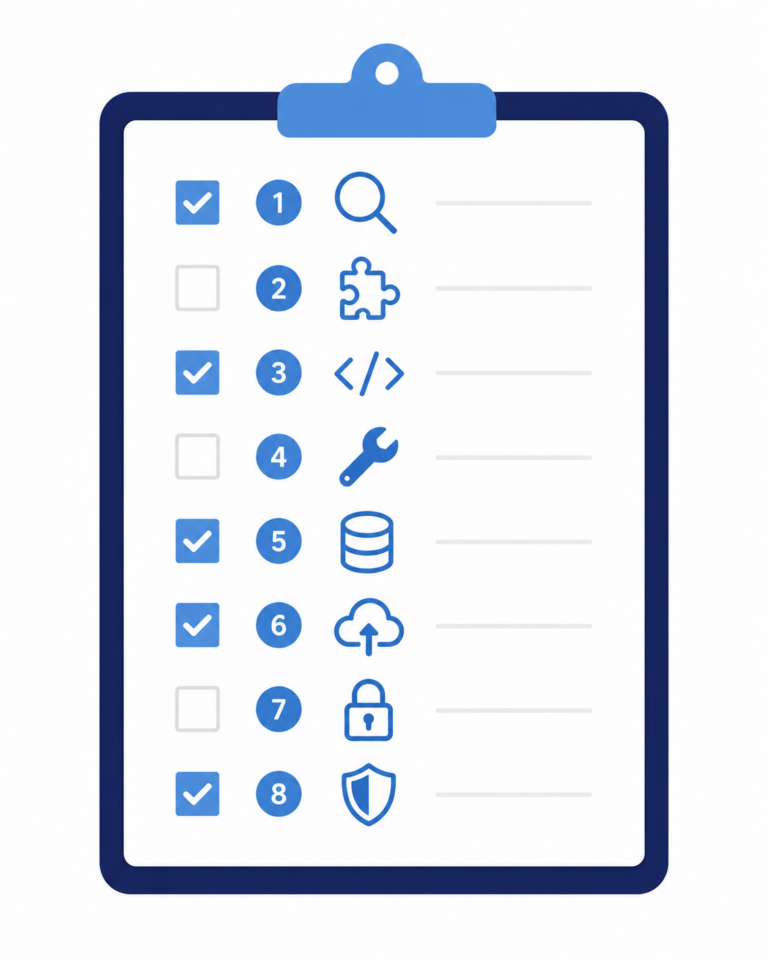 Blue clipboard checklist with eight numbered rows, checkboxes, icons (search, puzzle, code, wrench, database, cloud upload, lock, shield) and gray text lines for notes.